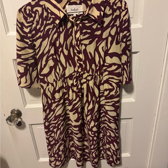 ba&sh Groove Print Mini Shirt Dress in Bordeaux - Picture 2 of 7